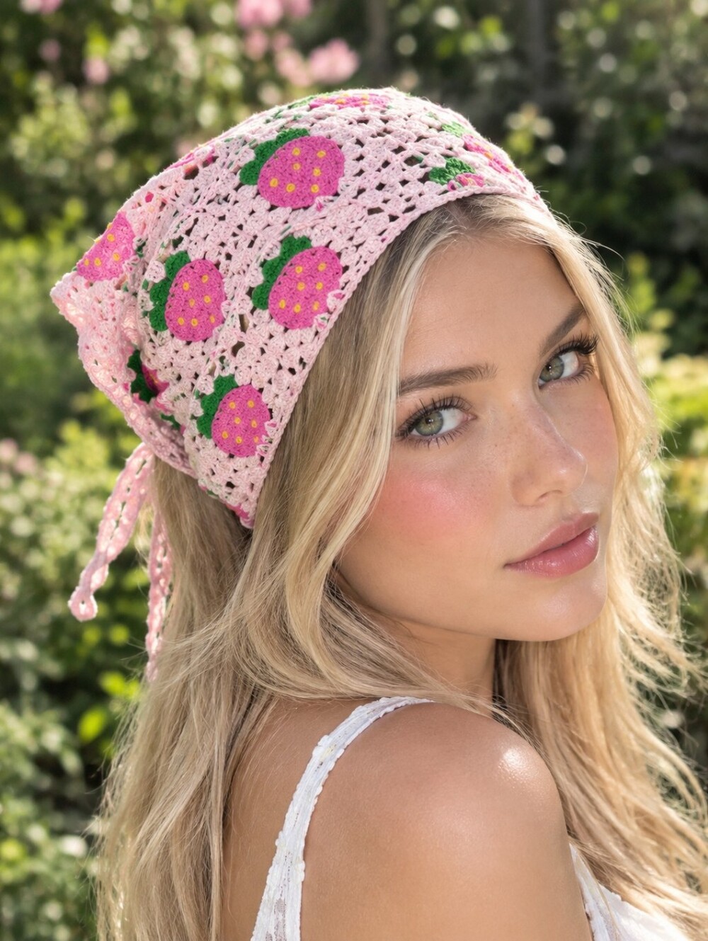 NEW Pink Crochet Strawberry Hair Bandana